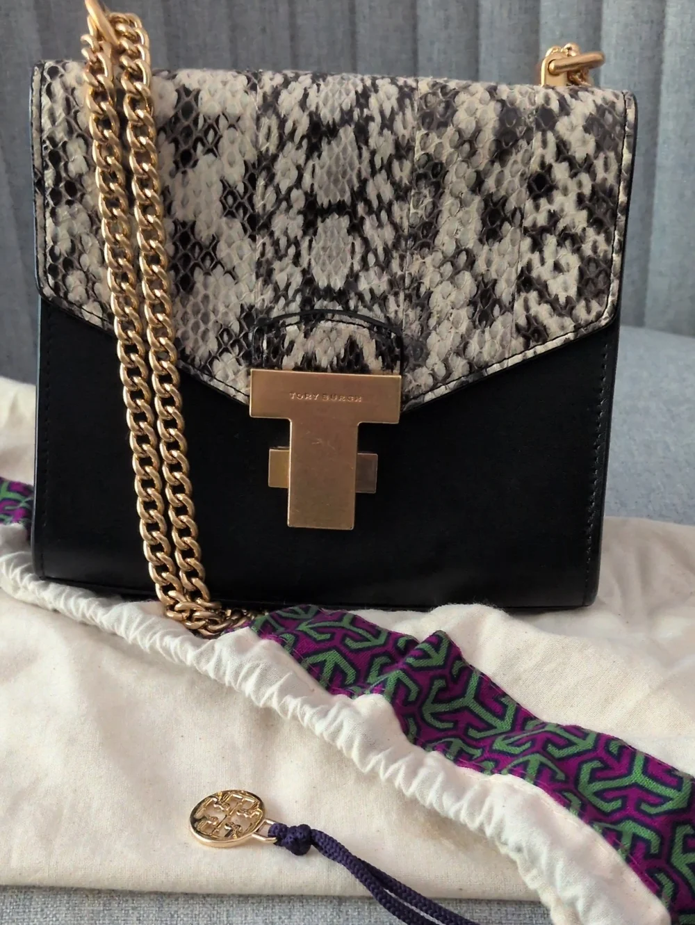 TORYBURCH Black Leather Crossbody with Snakeskin-Print Flap & Gold Chain -Used